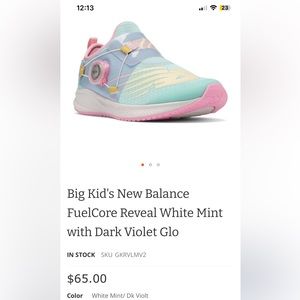 Big Kid's New Balance FuelCore Reveal White Mint with Dark Violet GloUS Size 4.5